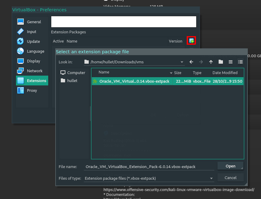 VirtualBox extensions Install