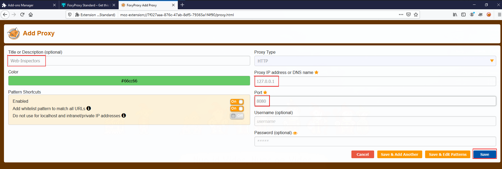 Adding your proxy settings to FoxyProxy.