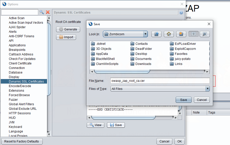 Exporting ZAP Root Certificate Authority.